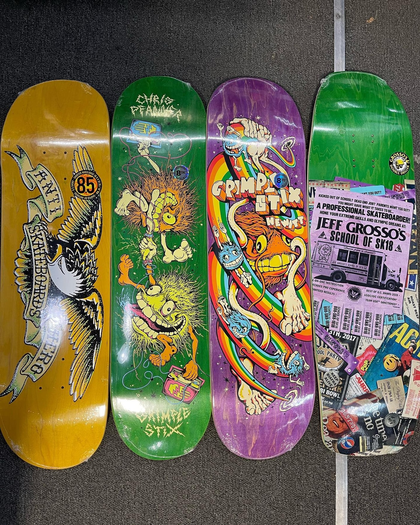 Colorful skateboard decks at Wheels in Motion